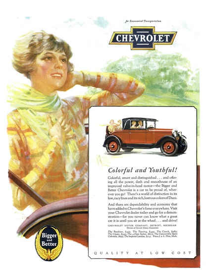 Chevrolet Ad (June, 1928): Colorful and Youthful! - Illustrated by Fred Mizen