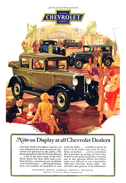 Chevrolet Six Ad (January, 1929): Now on Display at all Chevrolet Dealers - Illustrated by Fred Mizen