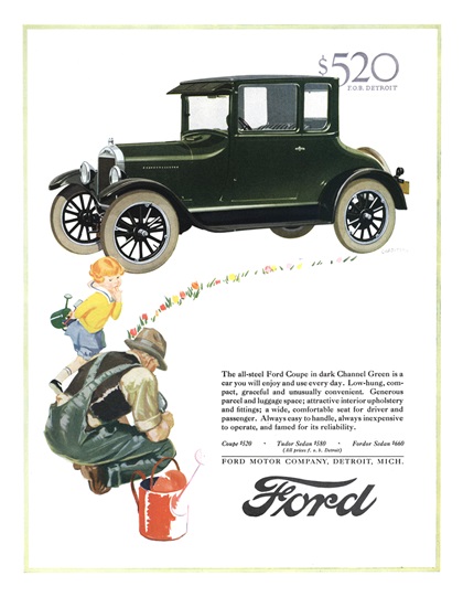 Ford Model T Ad (April, 1926): Coupe in Dark Channel Green - Illustrated by Malcolm Daniel Charleson