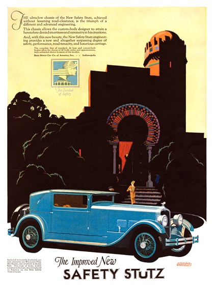 The Improved New Safety Stutz Ad (1927): Vertical Eight Coupe with Weymann Flexible Body - Illustrated by Edmund Davenport