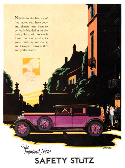 The Improved New Safety Stutz Ad (July, 1927): Vertical Eight Sedan by Le Baron - Illustrated by Edmund Davenport