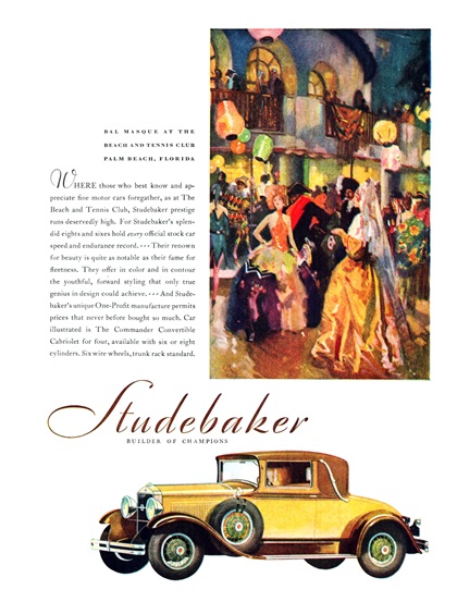 Studebaker Commander Convertible Cabriolet for Four Ad (March, 1929): Bal Masque at the Beach and Tennis Club. Palm Beach, Florida - Illustrated by Harry Laverne Timmins