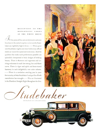Studebaker President Straight Eight Brougham for Five Ad (March-April, 1929): Reception to the Diplomatic Corps at the White House - Illustrated by Harry Laverne Timmins