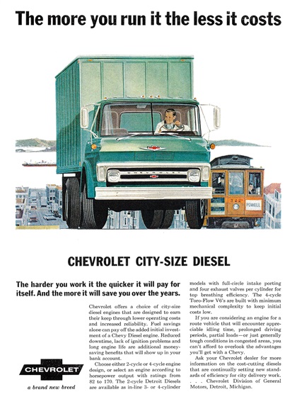 Chevrolet City-Size Diesel Truck Ad (1967): The more you run it - the less it costs