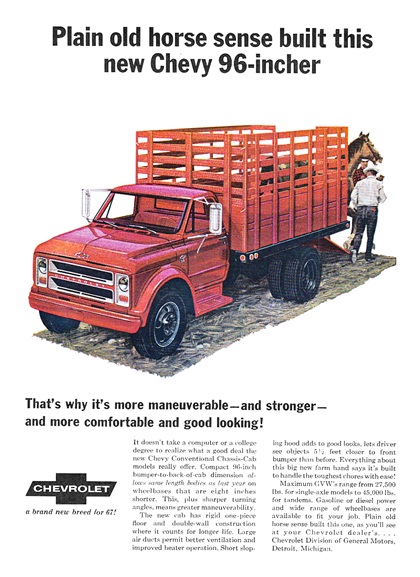 Chevrolet Stake Body Truck Ad (January, 1967): Plain old horse sense built this new Chevy 96-incher