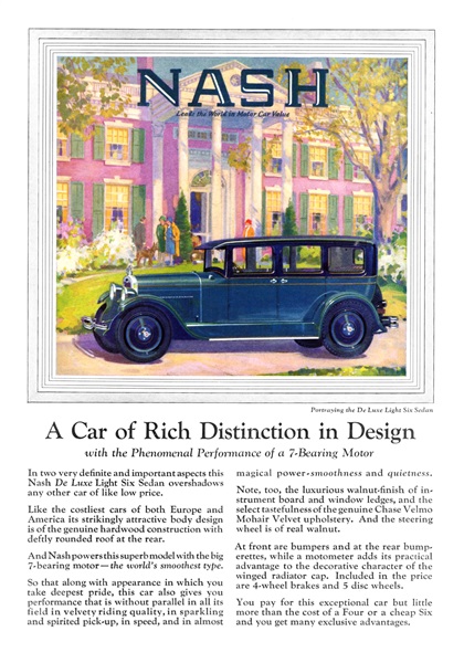 Nash De Luxe Light Six Sedan Ad (1927): A Car of Rich Distinction in Design