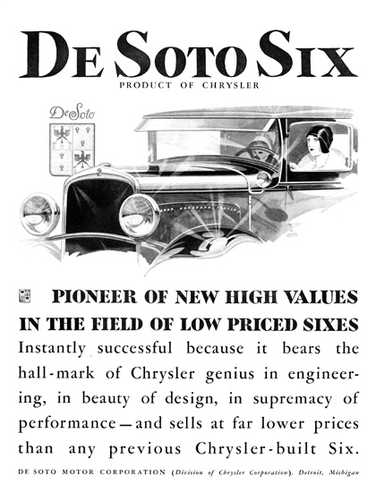 DeSoto Six Ad (October, 1928): Pioneer of New High Values in the Field of Low Priced Sixes - Illustrated by George Shepherd
