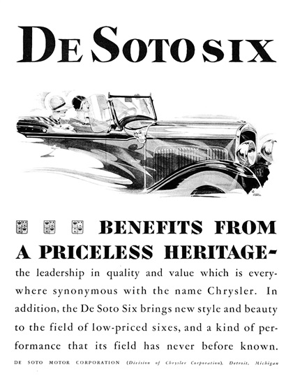 DeSoto Six Ad (August, 1928): Benefits From a Priceless Heritage - Illustrated by George Shepherd?