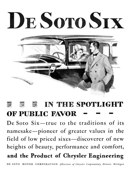 DeSoto Six Ad (October, 1928): In the Spotlight of Public Favor - Illustrated by George Shepherd