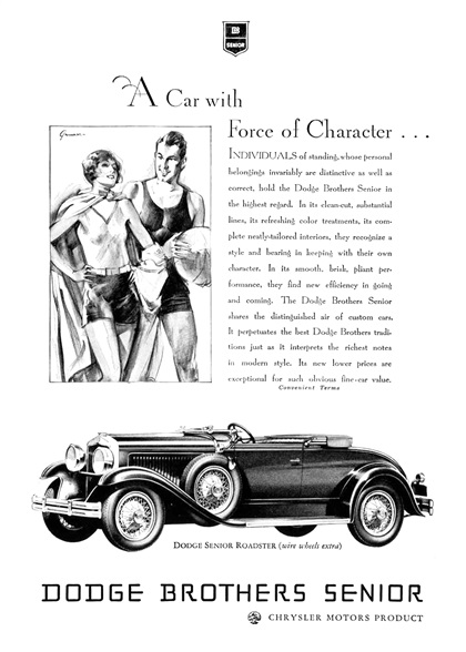 Dodge Senior Roadster Ad (June–July, 1929): A Car with Force of Character - Illustrated by John Gannam
