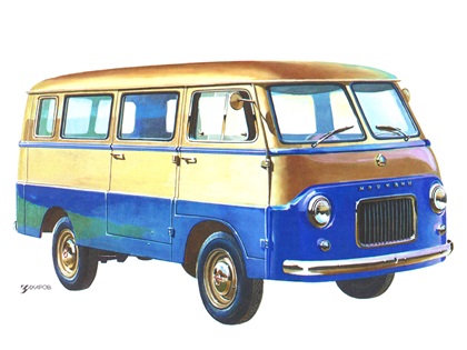 Экспериментальный микроавтобус «Москвич–А9», 1957 – Рисунок А. Захарова / Из коллекции «За рулём» 1980-6