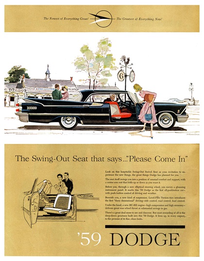 Dodge Custom Royal Lancer 4-Door Ad (November, 1958) - The Swing-Out Seat that says..."Please Come In"