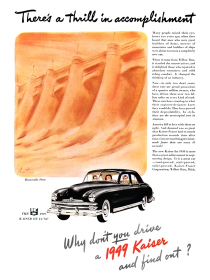 1949 Kaiser De Luxe Sedan Ad (September, 1948): Bonneville Dam / There’s a thrill in accomplishment 