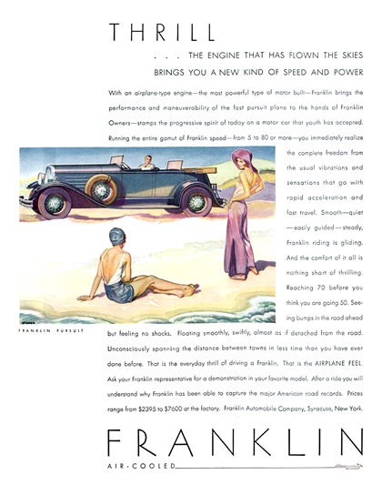 Franklin Pursuit Ad (July, 1930): Thrill - Illustrated by Elmer Stoner