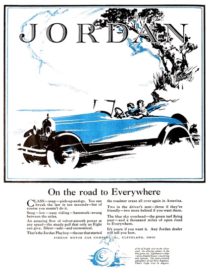 Jordan Playboy Roadster Ad (August, 1926): On the road to Everywhere - Illustrated by Fred Cole
