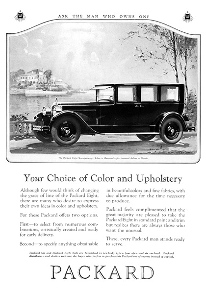 Packard Eight Seven-Passenger Sedan Ad (September, 1925): Your Choice of Color and Upholstery