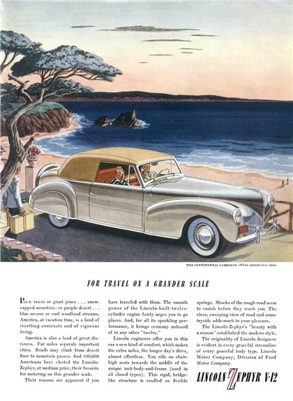 Lincoln-Zephyr V-12 Cabriolet Ad (April, 1940): For travel on a grander scale