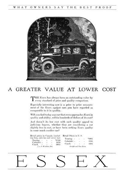 Essex Coach Ad (September, 1922) – Illustrated by Roy Frederic Heinrich – A Greater Value at Lower Cost