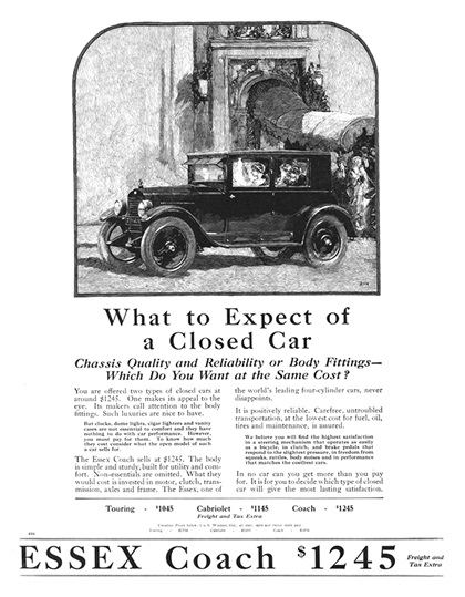 Essex Coach Ad (November, 1922): Illustrated by Roy Frederic Heinrich - What to Expect of a Closed Car