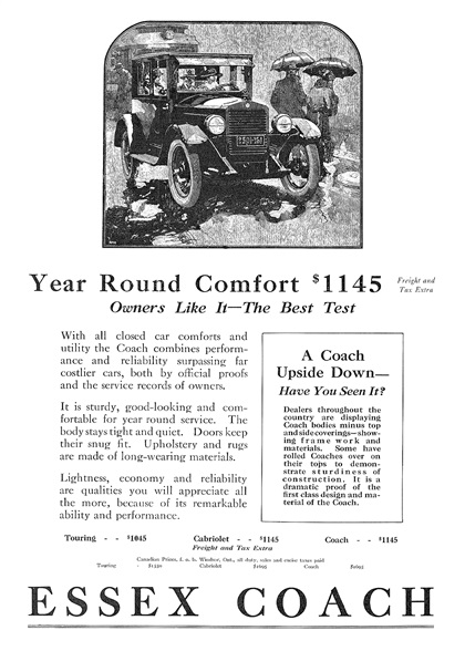 Essex Coach Ad (January, 1923) – Illustrated by Roy Frederic Heinrich – Year Round Comfort
