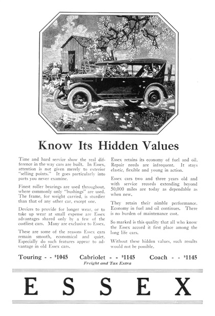 Essex Touring Ad (May, 1923) – Illustrated by Roy Frederic Heinrich – Know Its Hidden Values