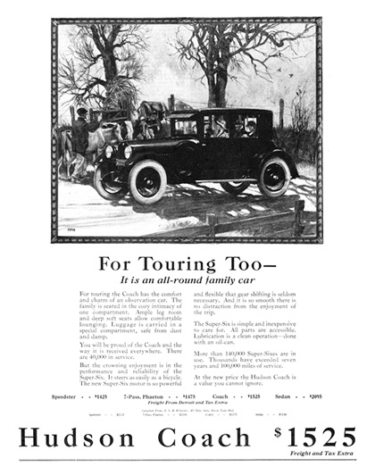 Hudson Super-Six Coach Ad (April, 1923) – For Touring Too–It is an all-round family car – Illustrated by Roy Frederic Heinrich