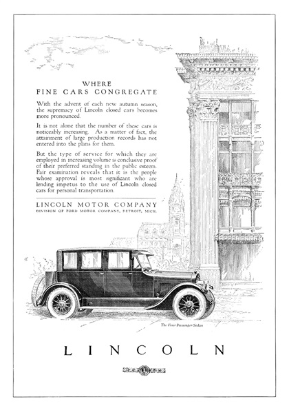 Lincoln Four Passenger Sedan Ad (November-December, 1923) - Where Fine Cars Congregate