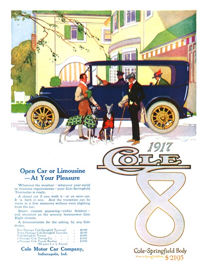 1917 Cole-Springfield Eight Seven-Passenger Toursedan Ad - Open Car or Limousine — At Your Pleasure