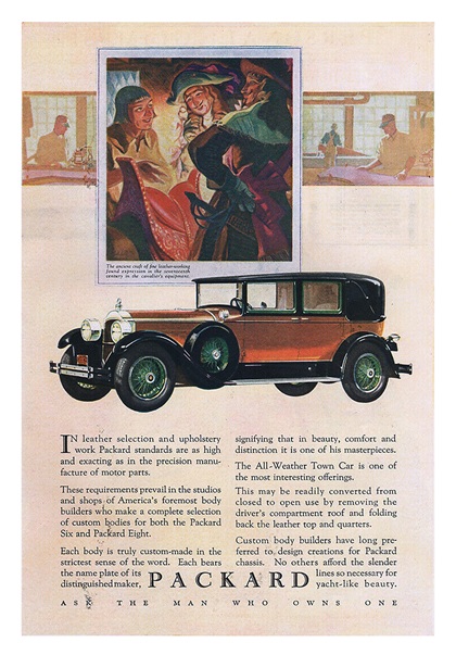 Packard All-Weather Town Car Ad (October, 1927) – The ancient craft of fine leather-working found expression in the seventeenth century in the cavalier's equipment