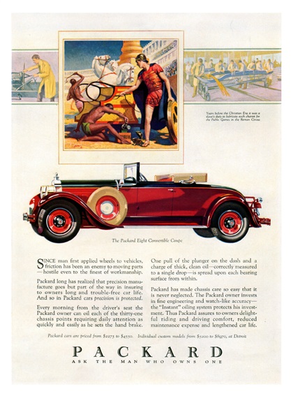 Packard Eight Convertible Coupe Ad (March–April, 1928) – Years before the Christian Era it was a slave's duty to lubricate each chariot for the Public Games in the Roman Circus