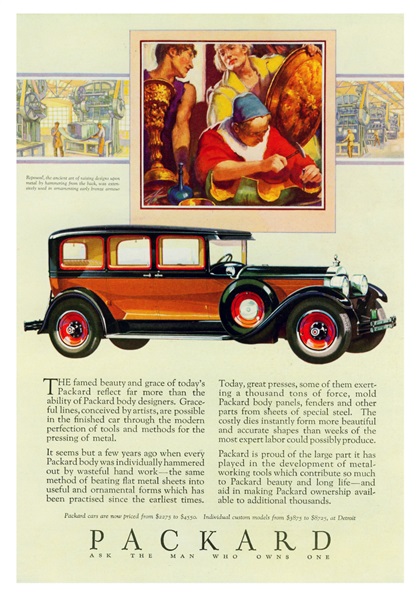 Packard Ad (April, 1928) – Repoussé, the ancient art of raising designs upon metal by hammering from the back, was extensively used in ornamenting early bronze armour