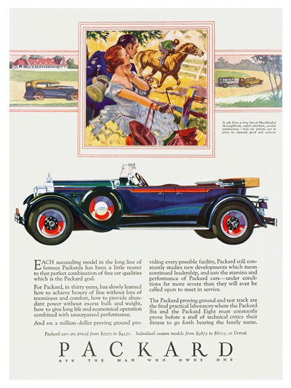 Packard Phaeton Ad (June, 1928) – A colt from a long line of blue-blooded thoroughbreds, expert attention, careful conditioning — then the private test to prove its expected speed and stamina