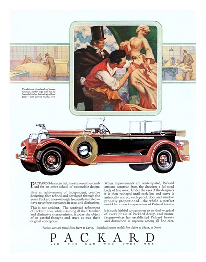 Packard Eight Phaeton Ad (July, 1928) – The elaborate figureheads of famous American clipper ships were no cut from solid timber, but built up of fitted pieces — then carved to final form