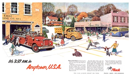 Mack Trucks Ad (November, 1955): It's 3:37 P.M. in Anytown, U.S.A. - Illustrated by Woodi Ishmael