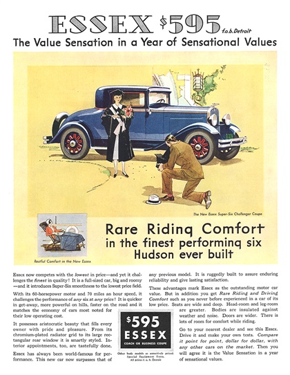 Essex Super-Six Challenger Coupe Ad (June, 1931) - Rare Riding Comfort in the finest performing six Hudson ever built