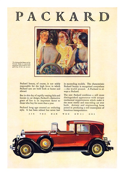 Packard Eight LeBaron All-Weather Cabriolet Ad (November, 1928) - The distinguished beauty of the Packard Eight is universally recognized and lauded by every gathering of fine car owners.