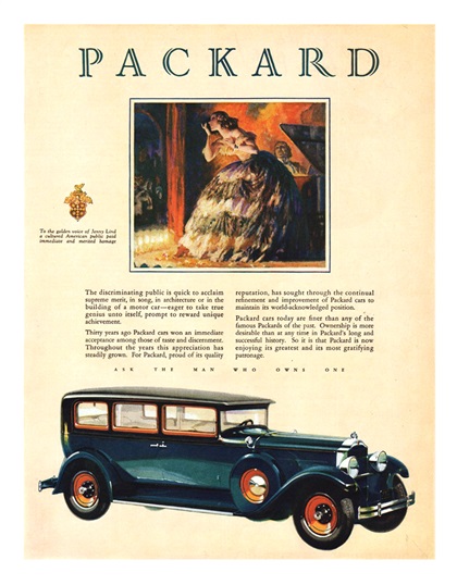 Packard Eight Ad (May, 1929) - To the golden voice of Jenny Lind a cultured American public paid immediate and merited homage