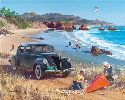 1936 Lincoln-Zephyr Sedan: Flying Kites on the Beach - Illustrated by Harry Anderson