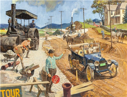 1916 Chevrolet: Lincoln Highway—First from Coast to Coast - Calendar illustration by Kenneth Riley