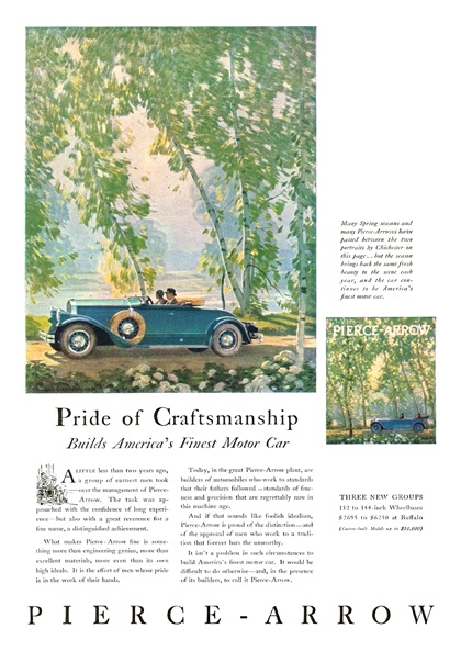 Pierce-Arrow Ad (April–May, 1930) - Illustrated by Cecil Chichester - Many Spring seasons and many Pierce-Arrows have passed between the two portraits by Chichester on this page... but the season brings back the same fresh beauty to the scene each year, and the car continues to be America's finest motor car.