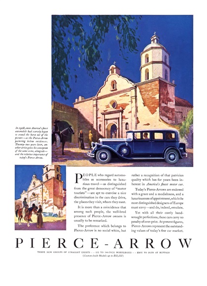 Pierce-Arrow Ad (September, 1930) - Illustrated by Cecil Chichester - In 1908, even America's finest automobile had scarcely begun to crowd the horse out of the picture—as the Pierce-Arrow painting below evidences. Twenty-two years later, another artist gives his conception of the same scene, alongside—and the relative importance of today's Pierce-Arrow.