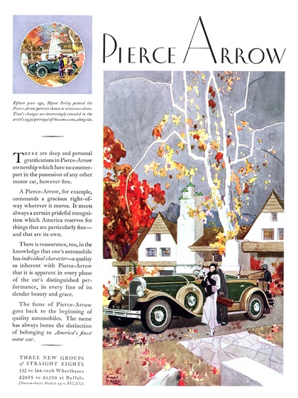 Pierce-Arrow Ad (October,1930) - Illustrated by Myron Perley - Fifteen years ago, Myron Perley painted the Pierce-Arrow portrait shown in miniature above.Time's changes are interestingly revealed in the artist's 1930 portrayal of the same scene, alongside