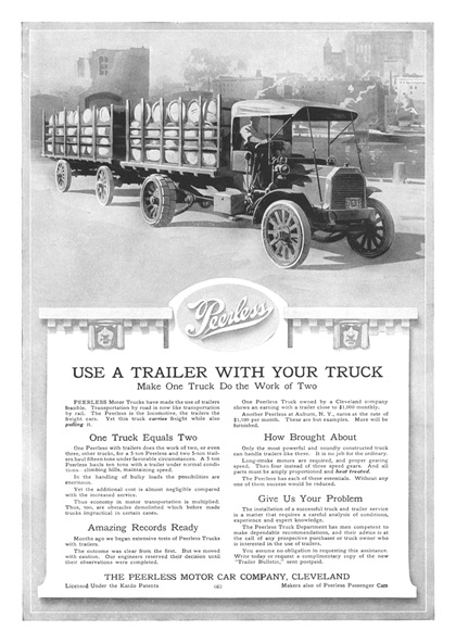 Peerless Trucks Ad (July, 1914) - Use a Trailer With Your Truck