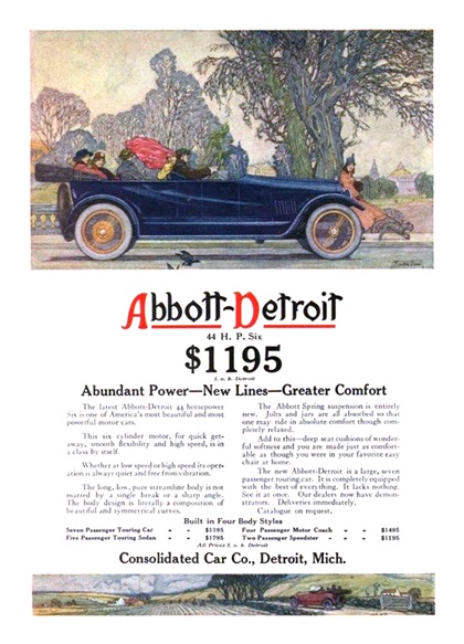 Abbott-Detroit Six Touring Car Ad (1916): Abundant Power — New Lines — Greater Comfort