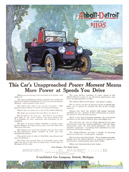 Abbott-Detroit Six Touring Car Ad (1916): This Car's Unapproached Power Moment Means More Power at Speed You Drive