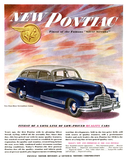 Pontiac Four-Door Streamliner Sedan Ad (January/June, 1946): Finest of a Long Line of Low-Priced Quality Cars