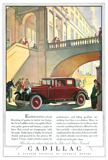Cadillac Series 341 Five Passenger Coupe Ad (February-March, 1928): Illustrated by Thomas M. Cleland