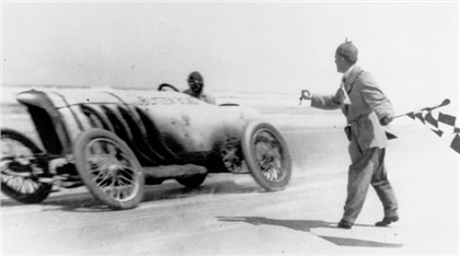 This exceptionally rare image captured Oldfield crossing the finish line at Ormond Beach on March 16, 1910, as he set a new speed record of over 131 miles per hour in the Blitzen Benz.