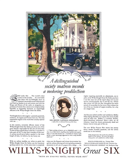 Willys-Knight Great Six Sedan Ad (November, 1926) – A distinguished society matron records a motoring predilection