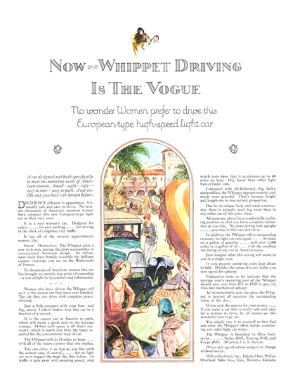 Overland Whippet Ad (January, 1927) – Now — Whippet Driving Is The Vogue – Illustrated by Floyd Brink